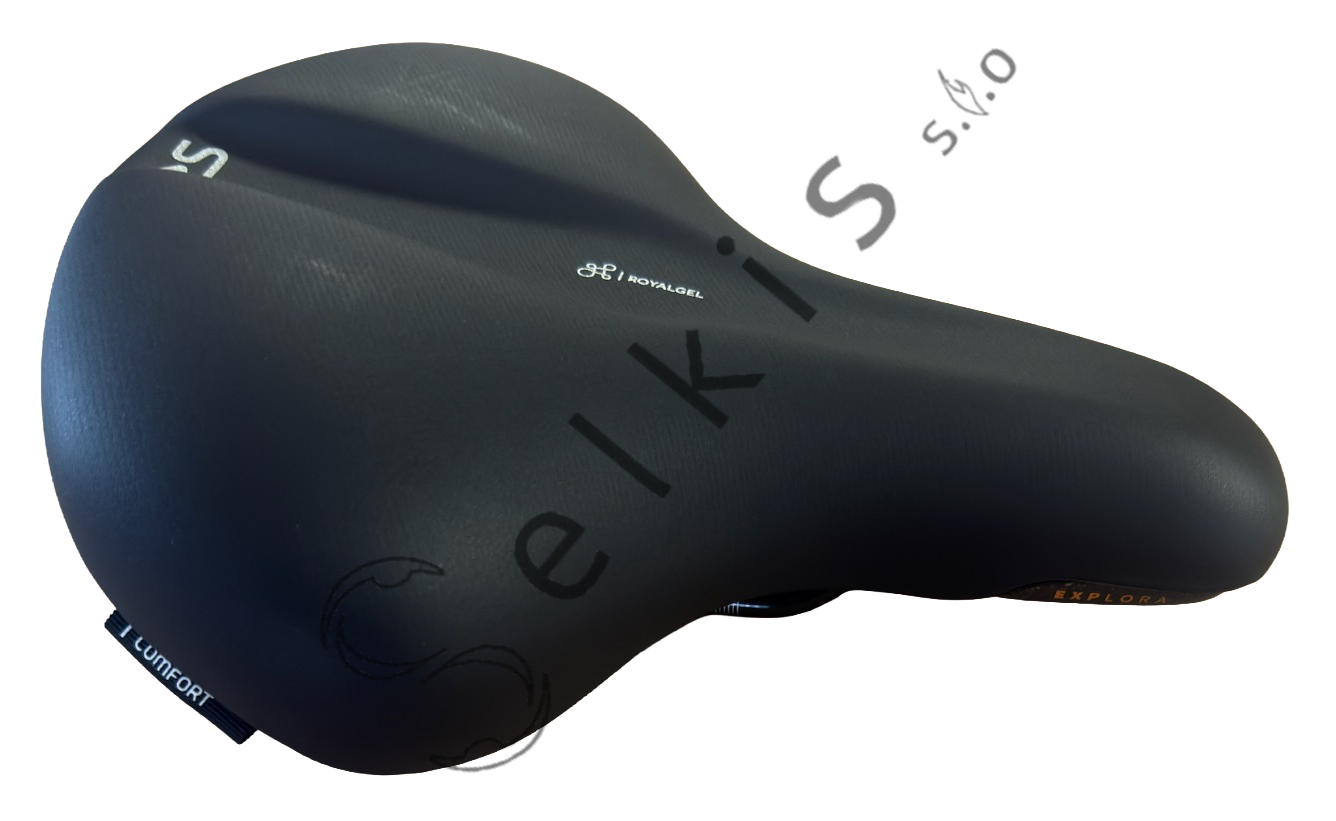 Saddle Selle Royal Explora, cover: black, logo: with SR logo, rail type: standard saddle rail type (7×7), rail colour: dark grey OXE + black scale, rail mounting: none, note: black label