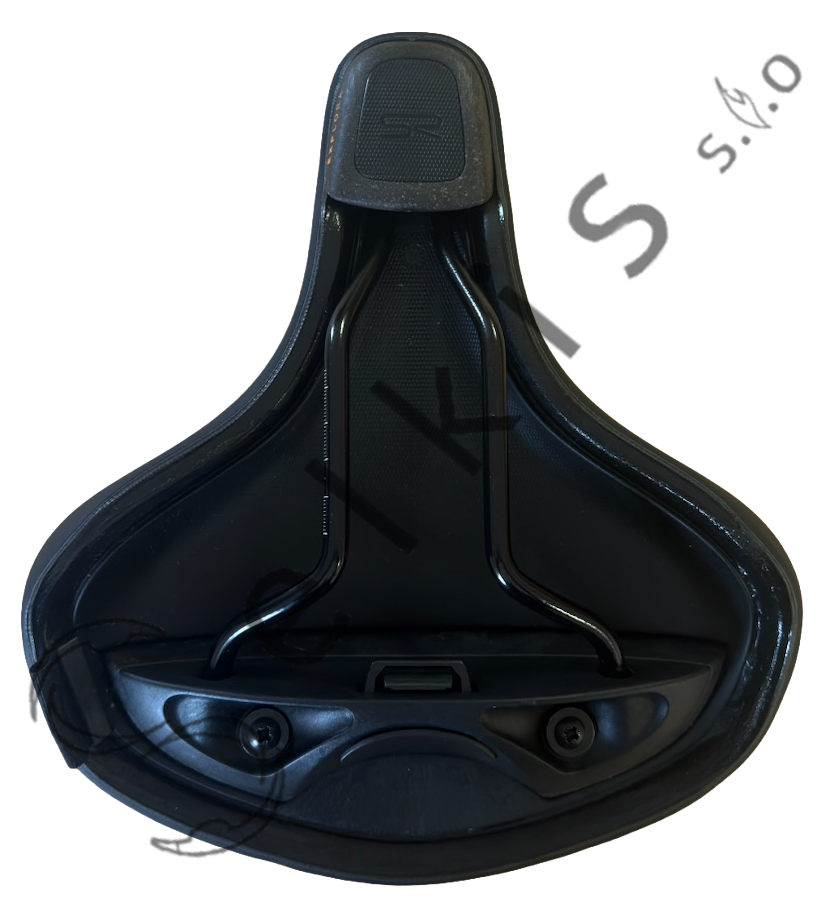 Saddle Selle Royal Explora, cover: black, logo: with SR logo, rail type: standard saddle rail type (7×7), rail colour: dark grey OXE + black scale, rail mounting: none, note: black label