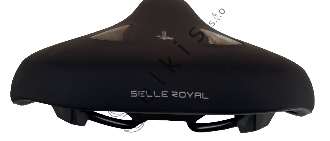 Saddle Selle Royal Lookin moderate female, cover: 8014 black RVS, abrasion protection: 1223 black, logo: with Selle Royal logo, rail type: standard saddle rail type (7×7), rail colour: black steel ED + scale PMS 877C, rail mounting: none